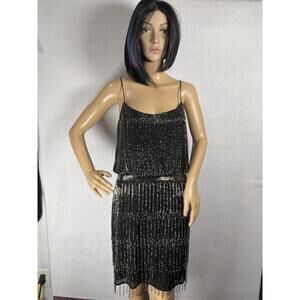 ADRIANNA PAPELL US Women’s S 6 Black Stretch Silver Beaded Fringed Dress Evening